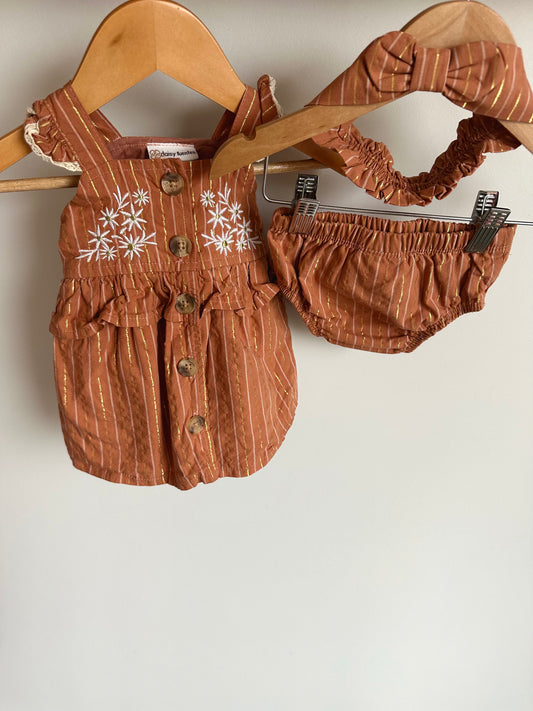 Terracotta Embroidered Tank, Bloomers + Headband Set / 0-3m