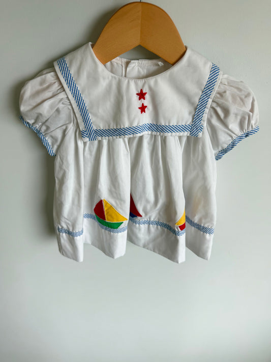 Vintage White Star + Sailboat Dress / 0-3m?