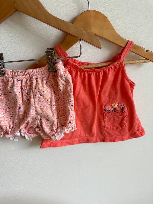 Coral Tank + Floral Shorts Set / 12m