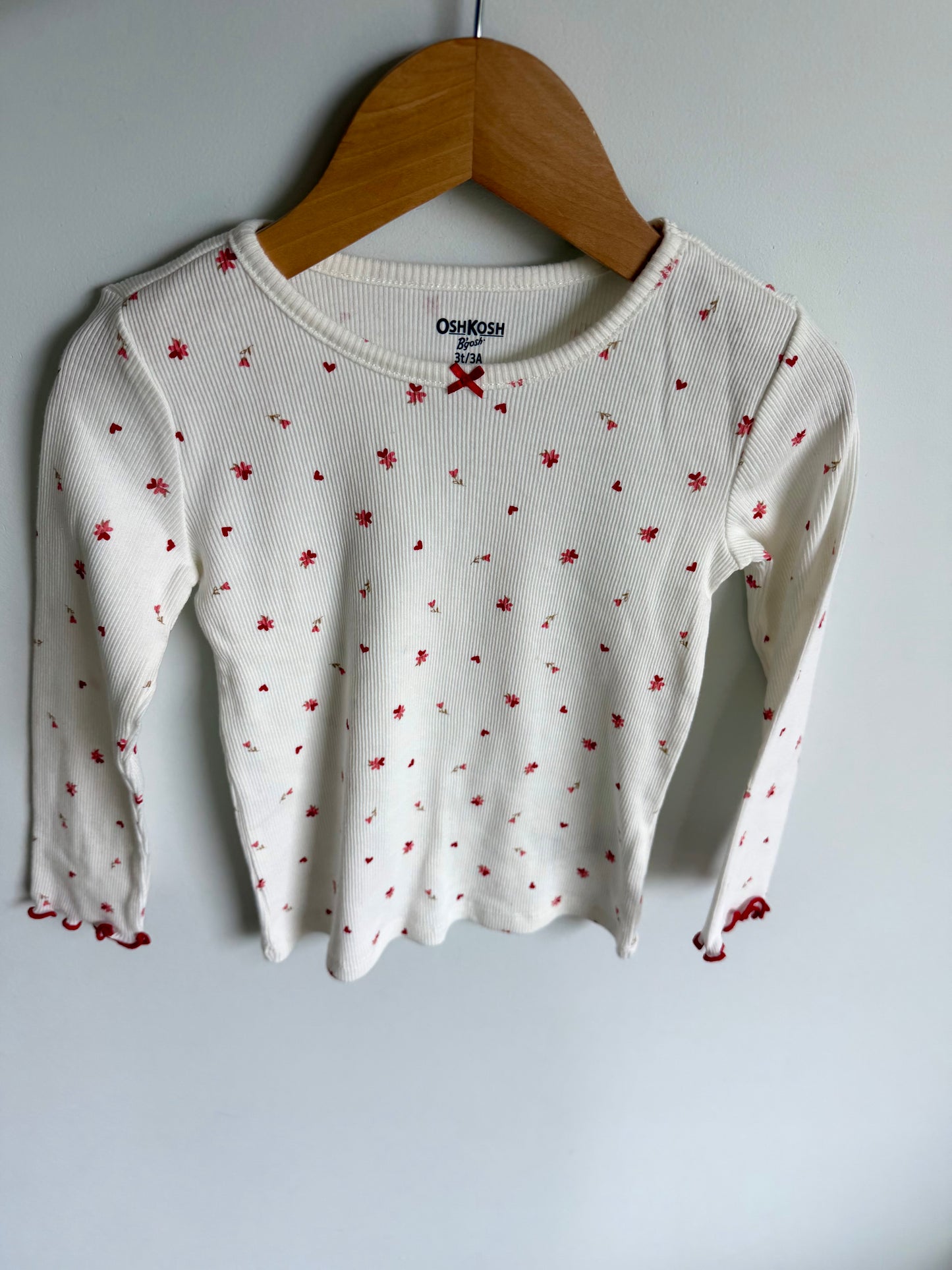 Floral Red Wavy Hem White Top / 3T