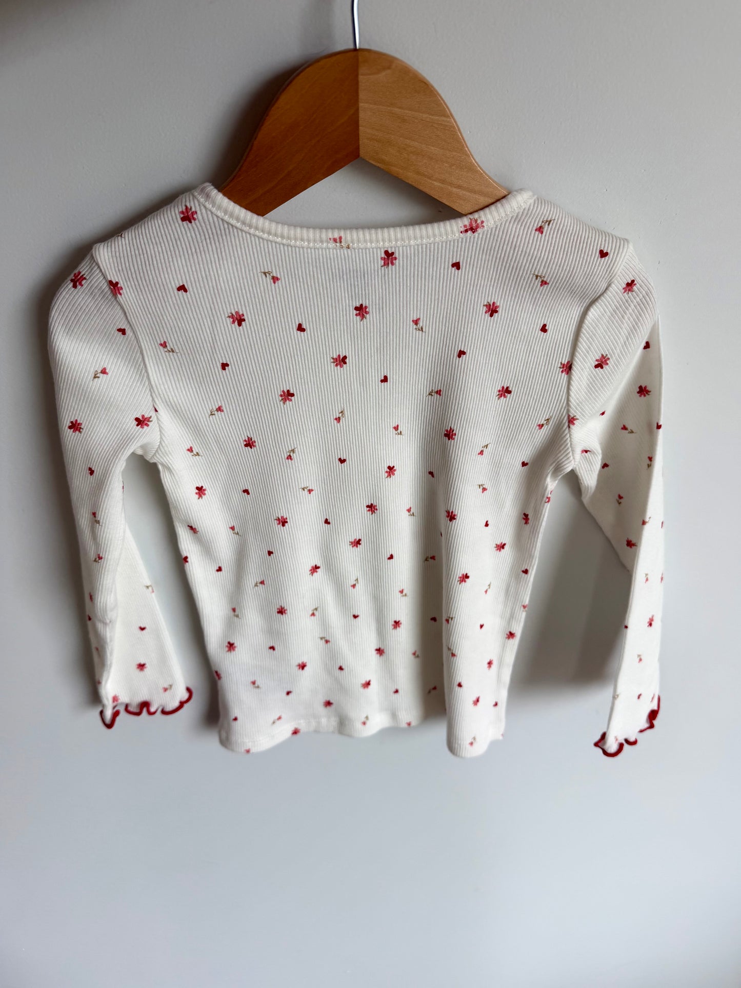Floral Red Wavy Hem White Top / 3T