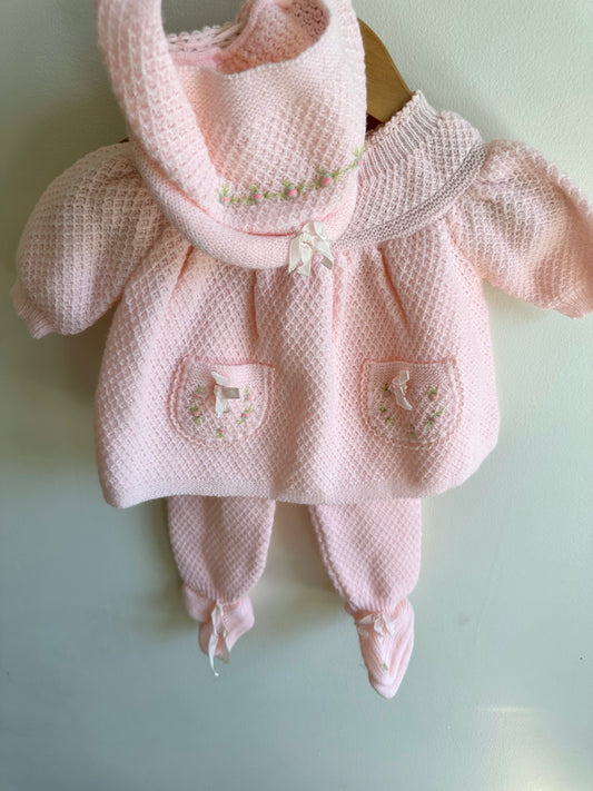 Pink Knit Bonnet, Sweater + Pants Set / 6-9m