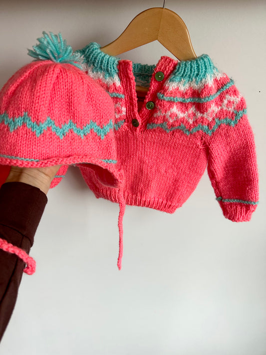 Handmade Knit Pink Sweater + Hat (PLAY) / 18-24m?