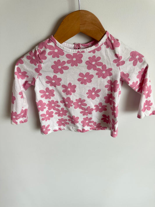 White Longsleeve with Pink Flowers / 6-12m