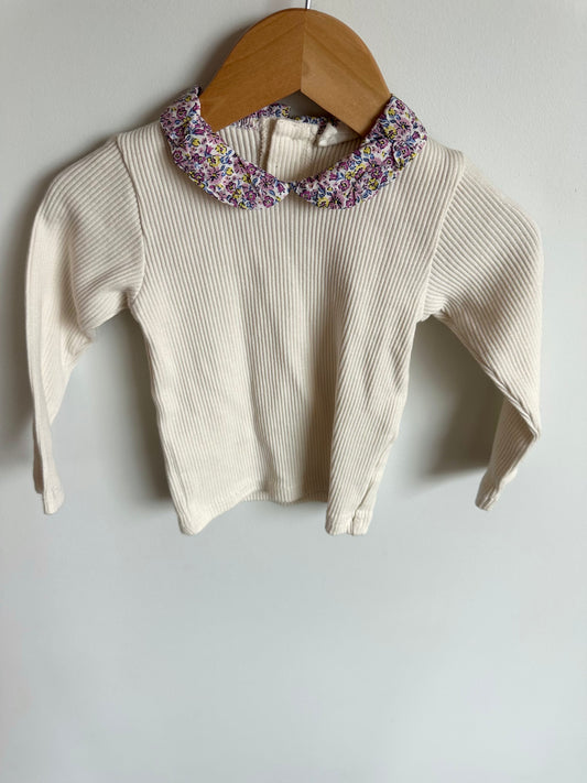 Ribbed Cream Top with a Floral Collar / 24m