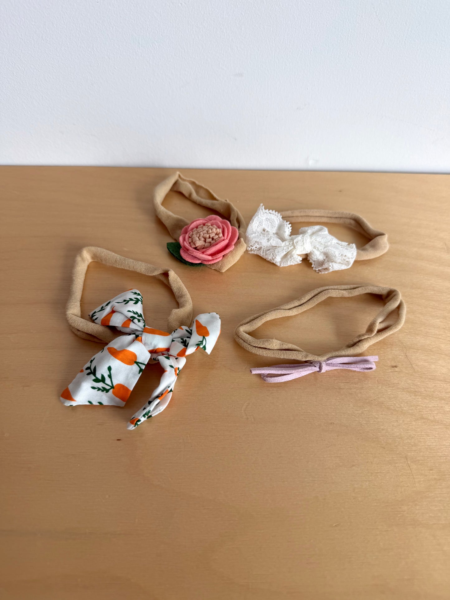 Felt Flower, Lace, Carrot, Mini Bow Nylon Headband / 0-12m
