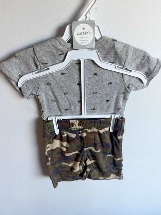 Vehicle Bodysuit + Camo Shorts Set (With Tags) / 24m