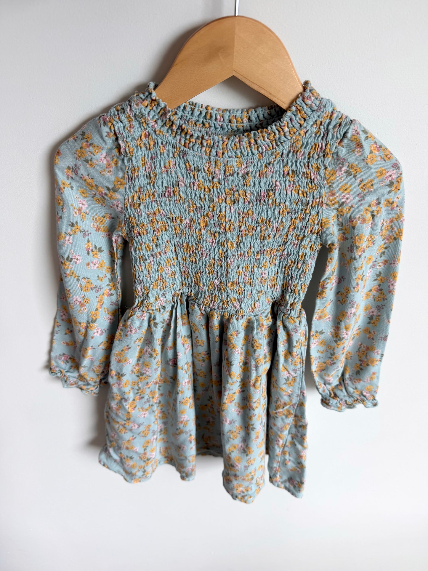 Blue Floral Smocking Dress / 3T