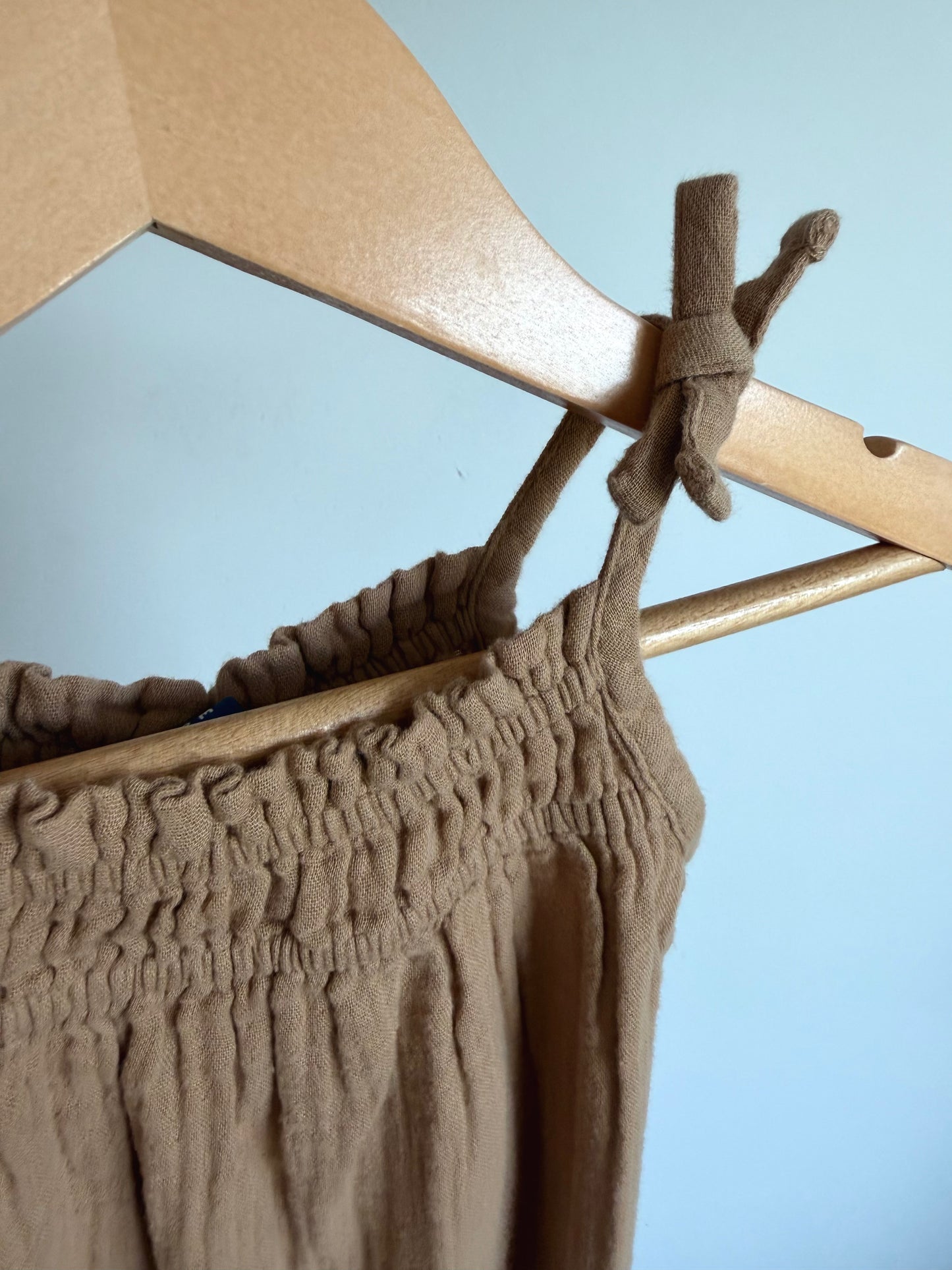 Camel Smocked Jumpsuit / 6-12m