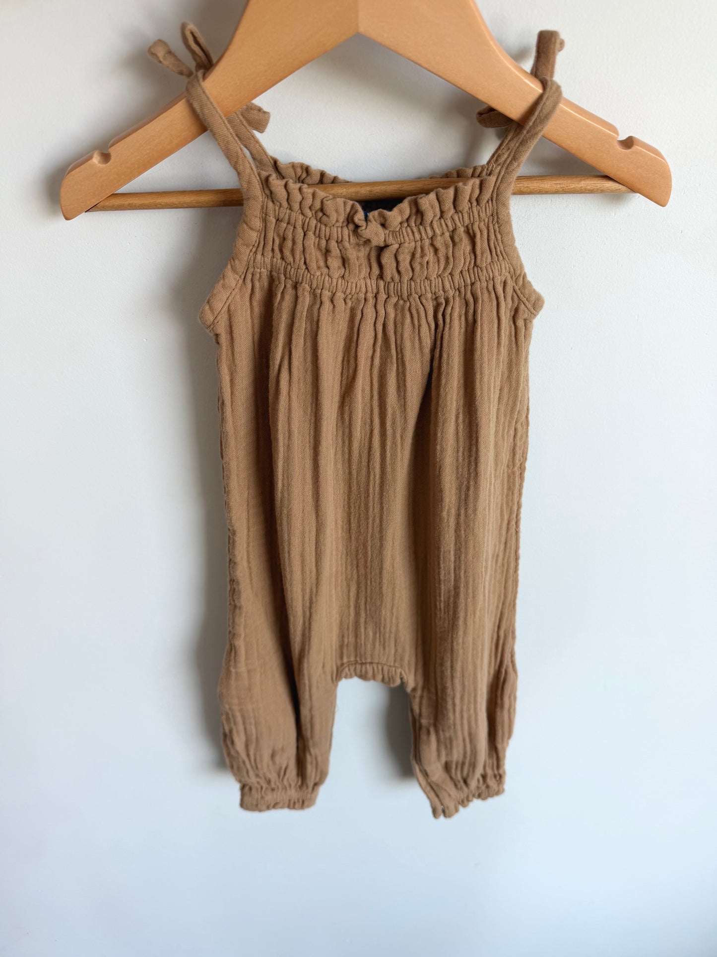 Camel Smocked Jumpsuit / 6-12m
