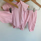 Pink Bodysuit, Striped Pants + Beanie Set / 6m