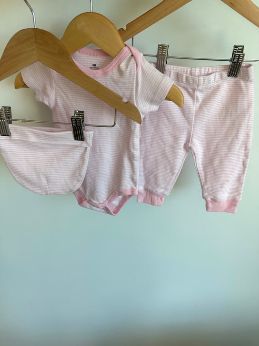Pink Thin Stripe Bodysuit, Pants + Beanie Set / 6m