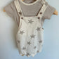 Tan Striped Bodysuit + Star Short Overalls / 3-6m