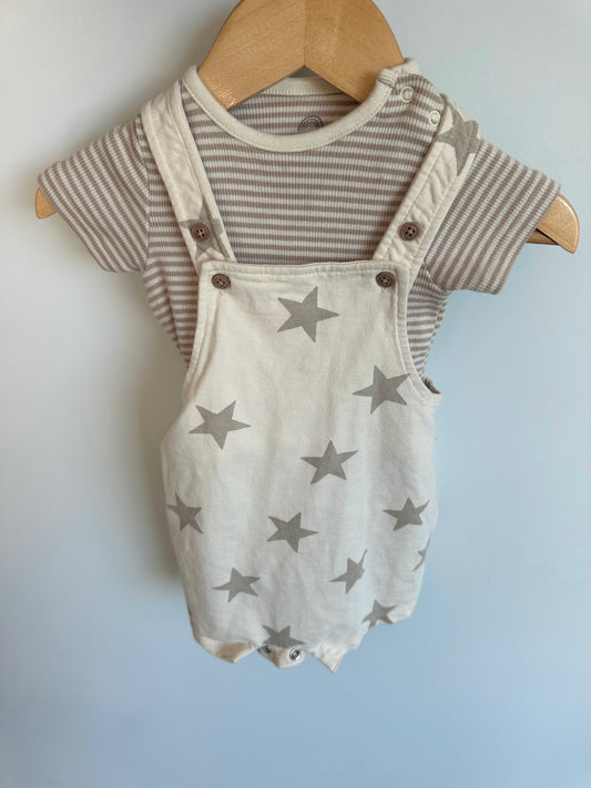 Tan Striped Bodysuit + Star Short Overalls / 3-6m