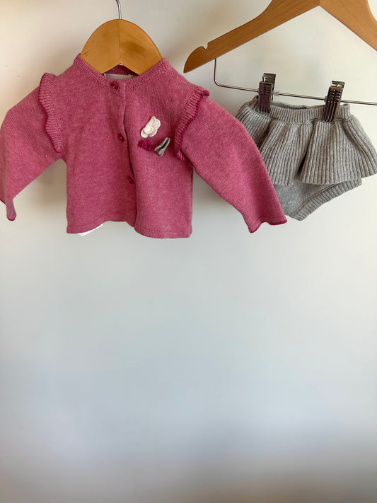 Mayoral Blush Knit Cardigan + Ruffle Shorties Set / 4-6m