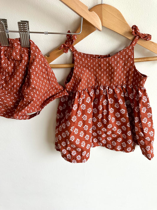 Rust Flower Dress + Hat Set / 3m