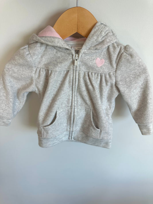 Grey + Pink Heart Fleece Hoodie / 3-6m
