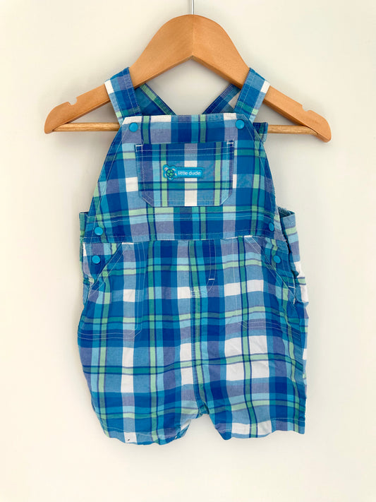 Little Dude Blue Plaid Short Overalls / 18m
