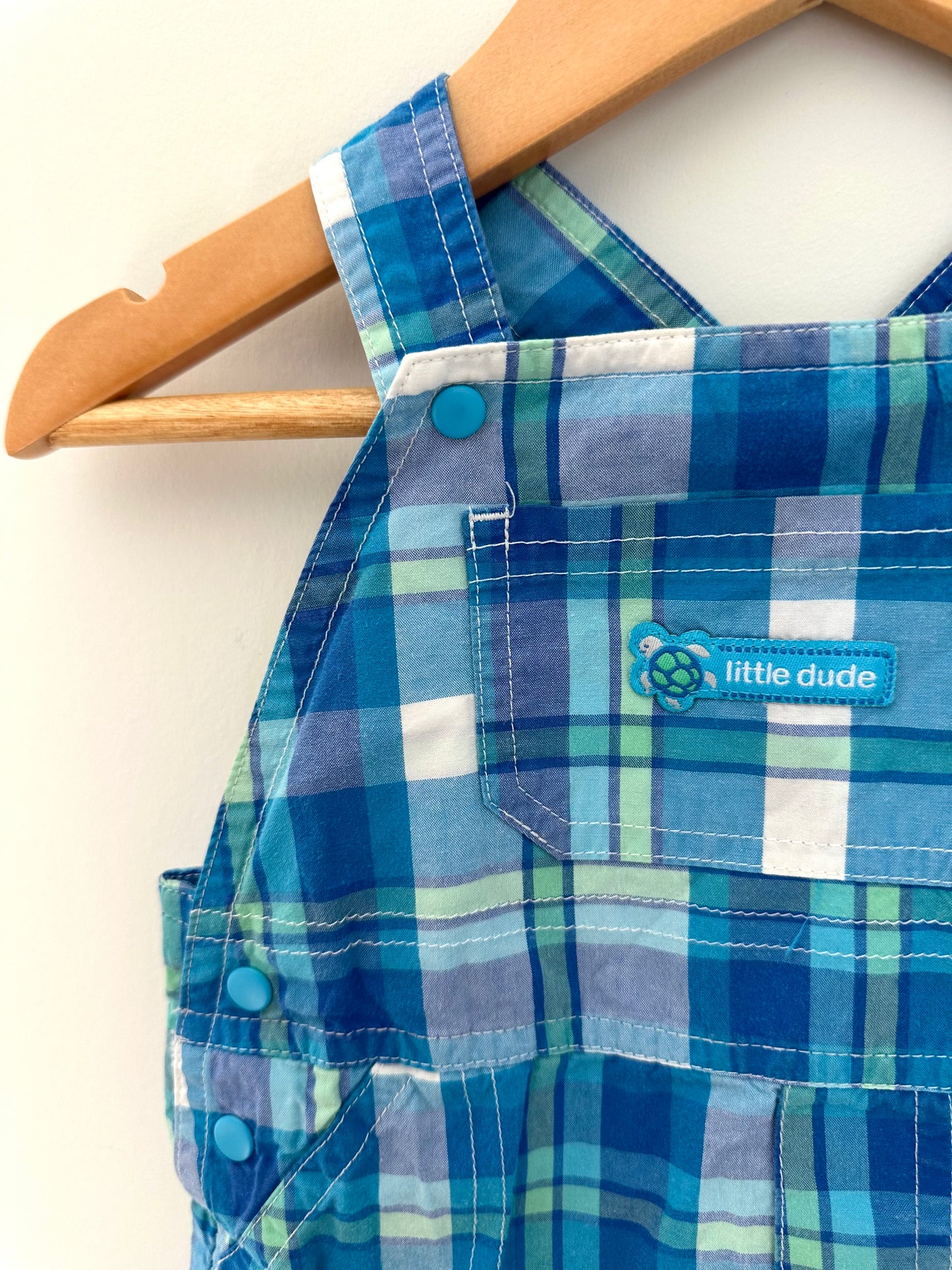 Little Dude Blue Plaid Short Overalls / 18m