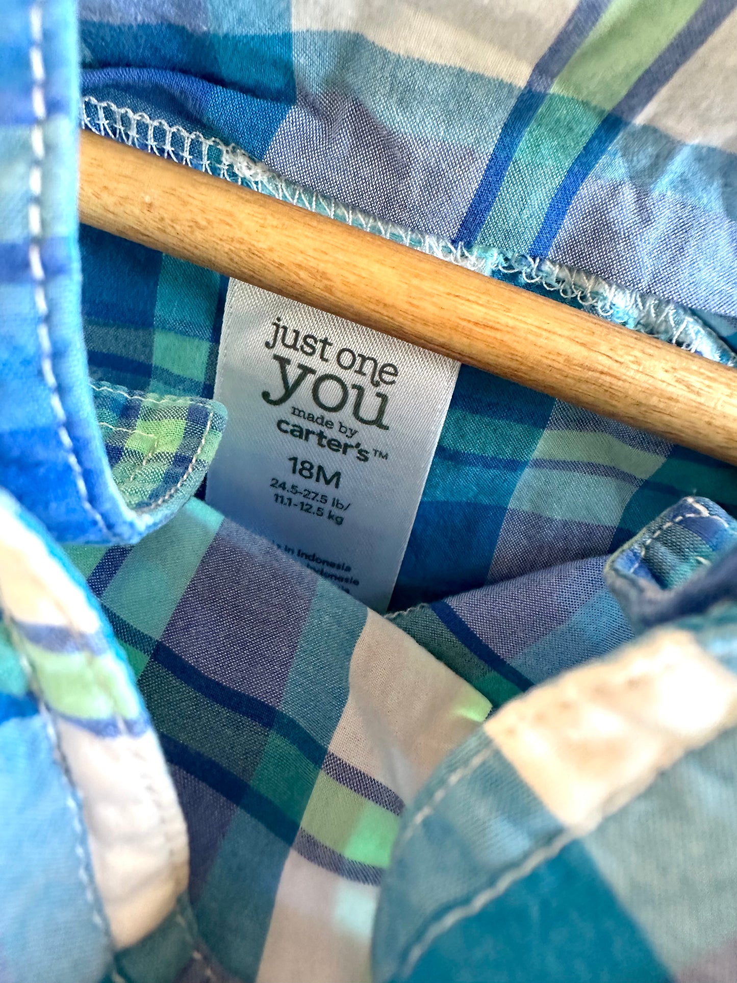 Little Dude Blue Plaid Short Overalls / 18m