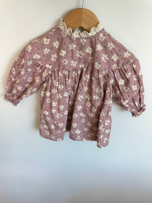 Lace Collared Purple Floral Dress / 6-9m