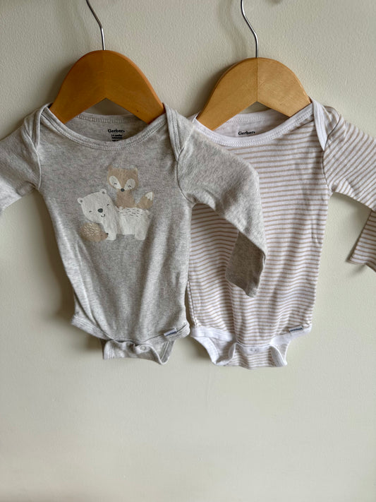 Set of 3 Bodysuits - Tan Animals + Stripes / 3-6m