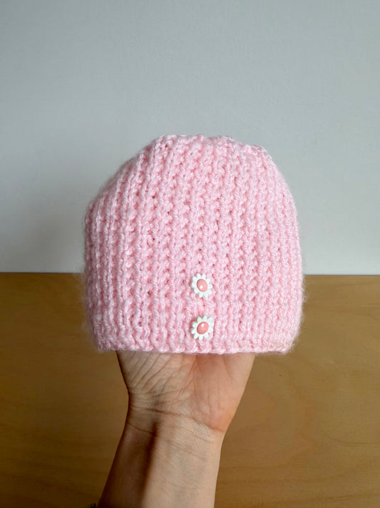 Handmade Pink 2 Flower Jewel Hat / 3-6m