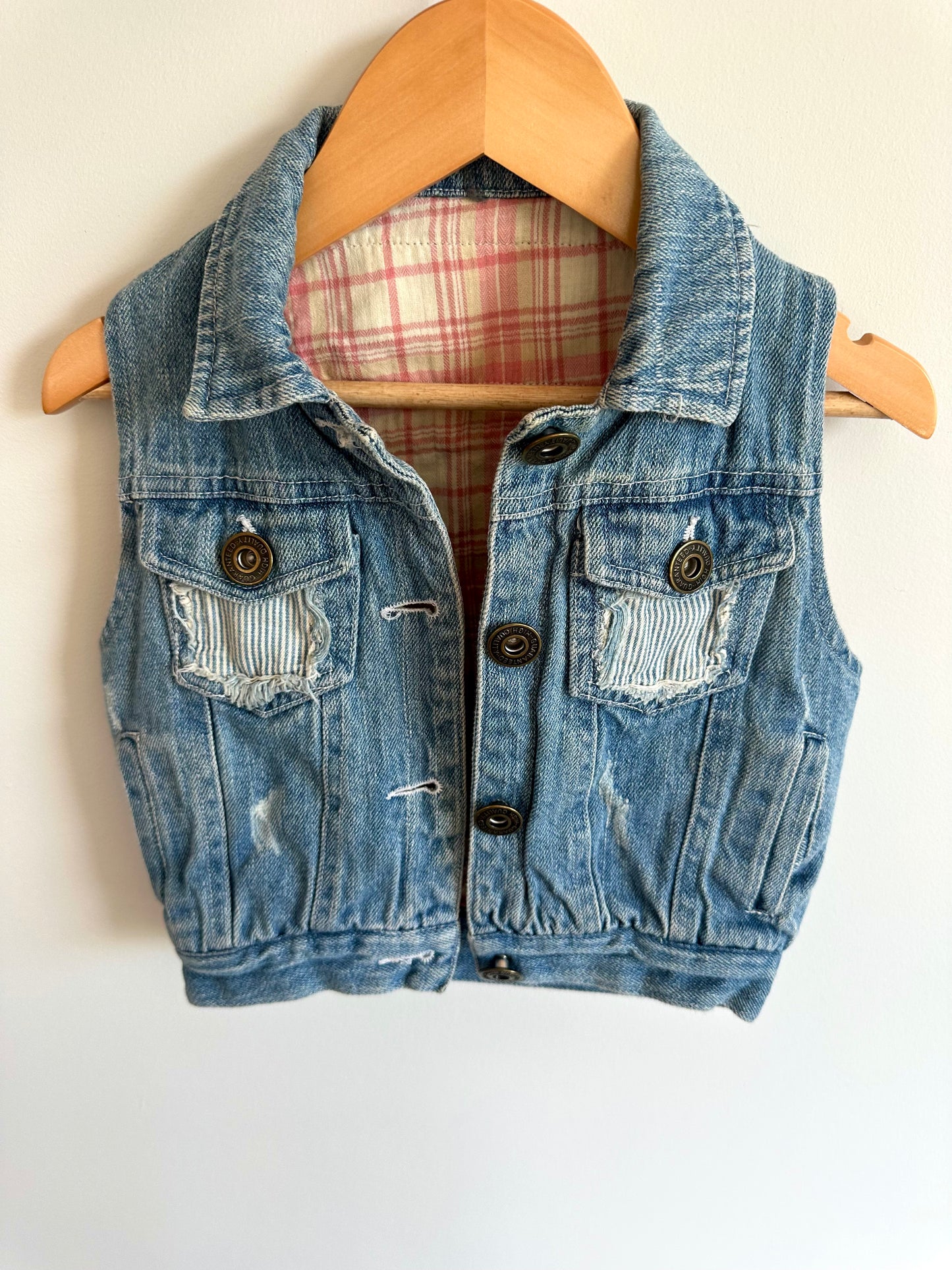 Pink Plaid Lined Denim Vest / 2-3T