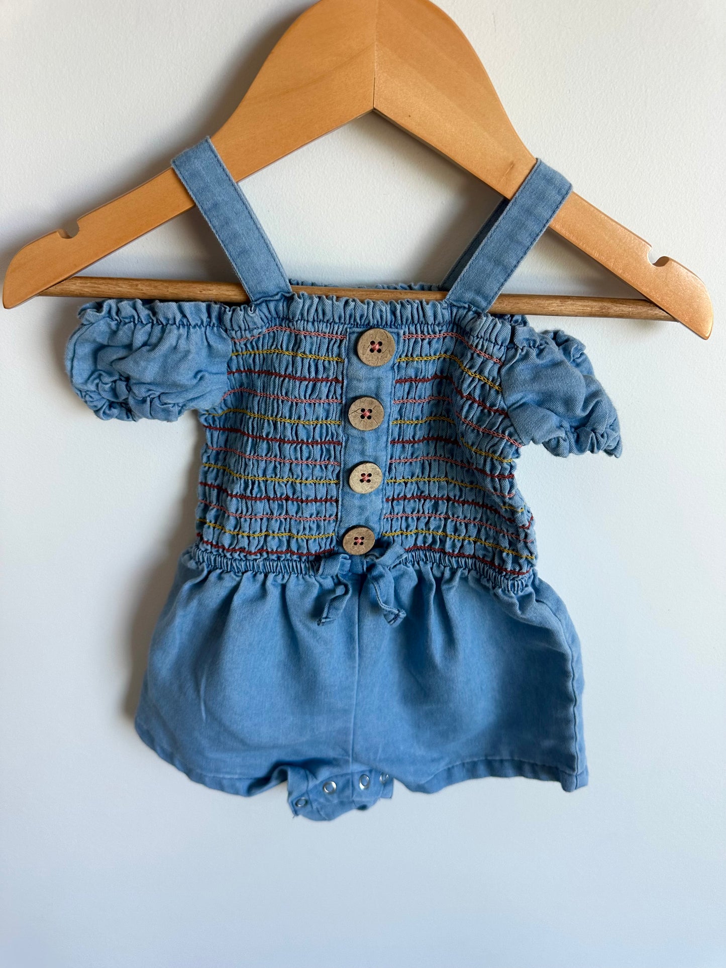 Chambray Rousing Sleeve Detail Romper / 12m