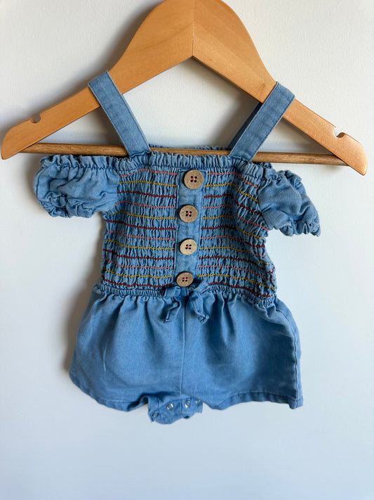 Chambray Rousing Sleeve Detail Romper / 12m