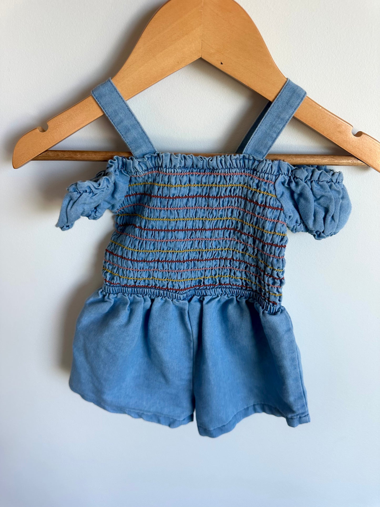 Chambray Rousing Sleeve Detail Romper / 12m