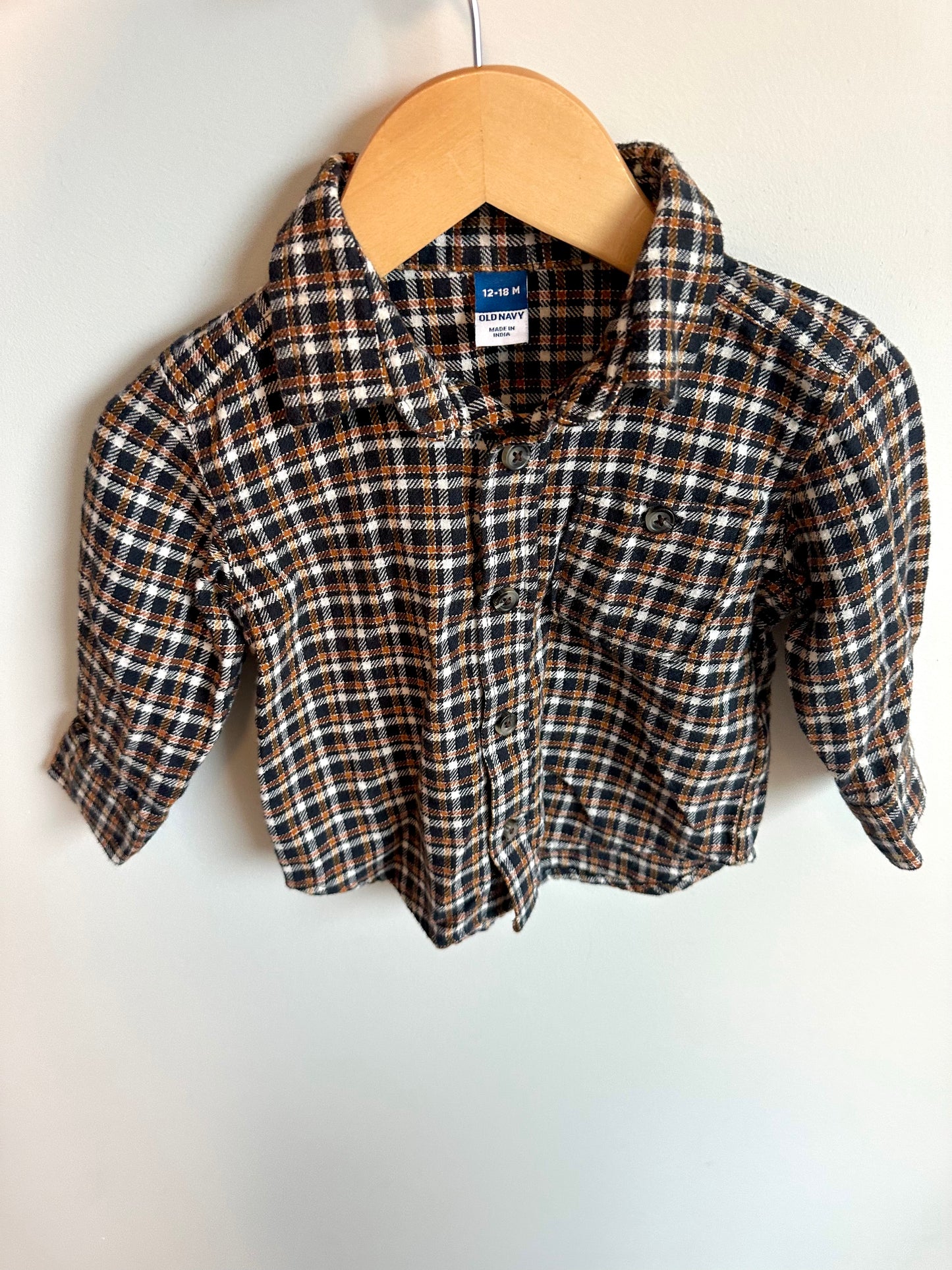 Brown Plaid Button Up Long Sleeve / 12-18m