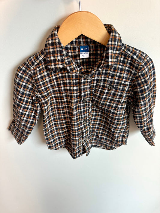 Brown Plaid Button Up Long Sleeve / 12-18m