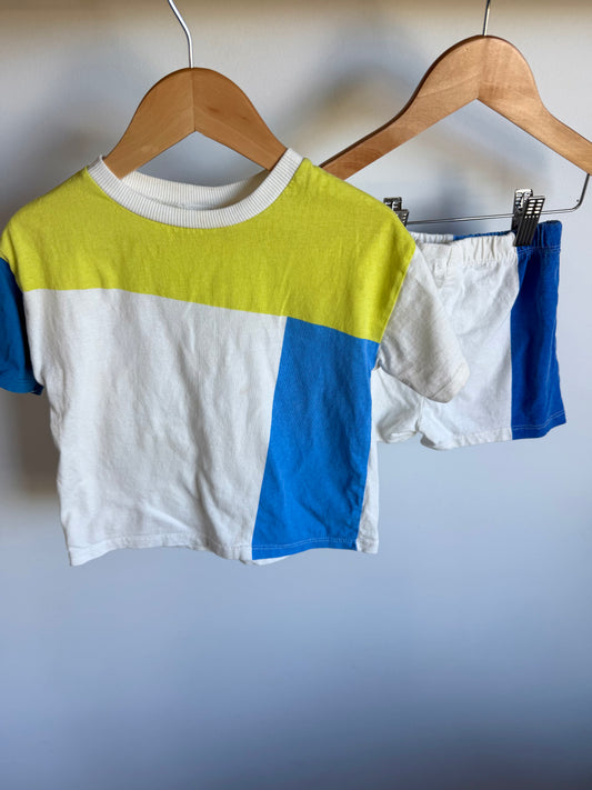 Zara Green + Blue Colour Block T-shirt + Shorts Set (PLAY) / 18-24m