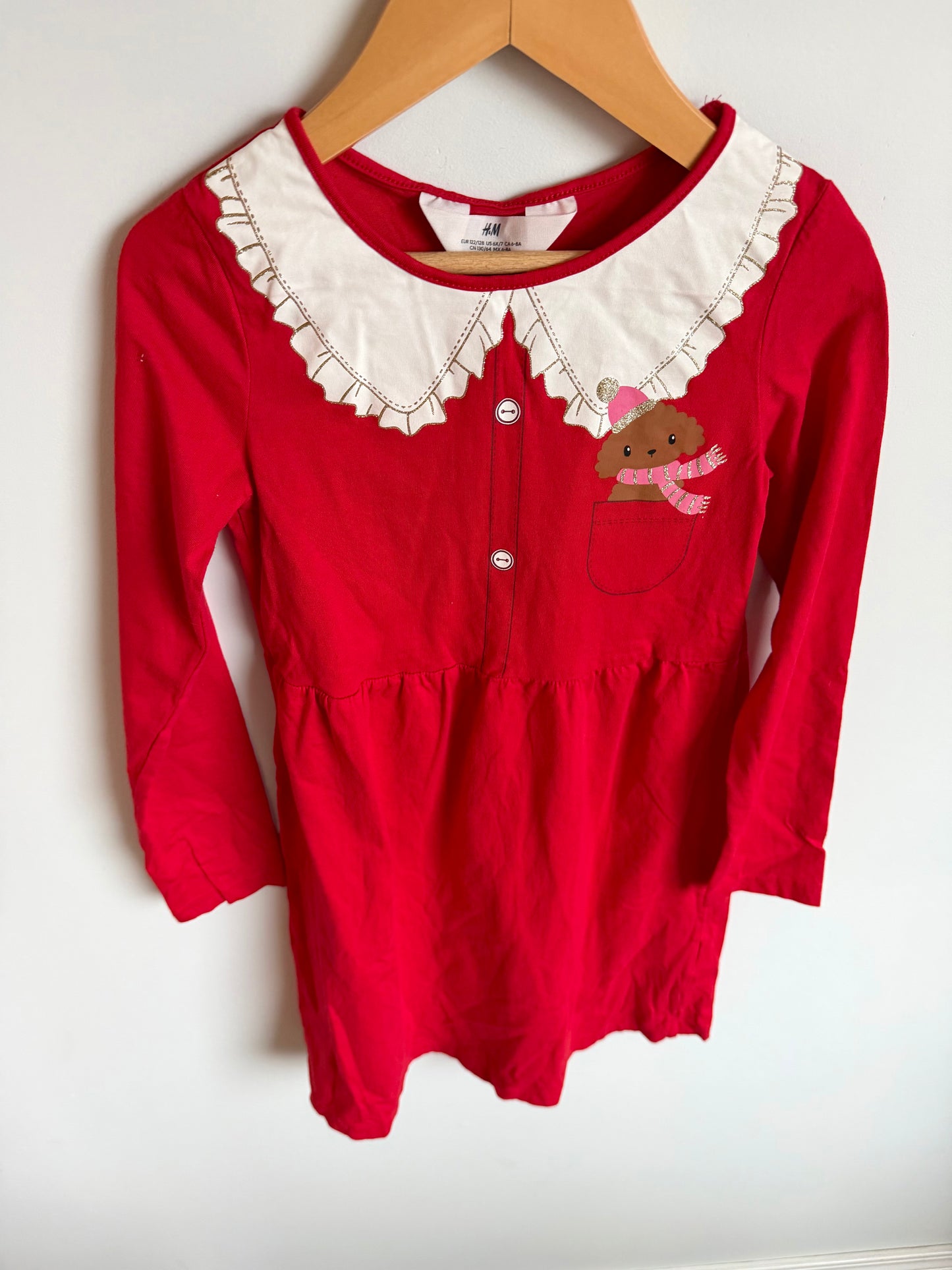 Red Doggie Pocket Dress / 6-8 years