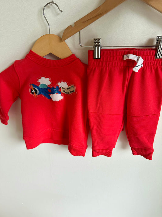 Two Piece Red Airplane Crewneck + Joggers / 3-6m