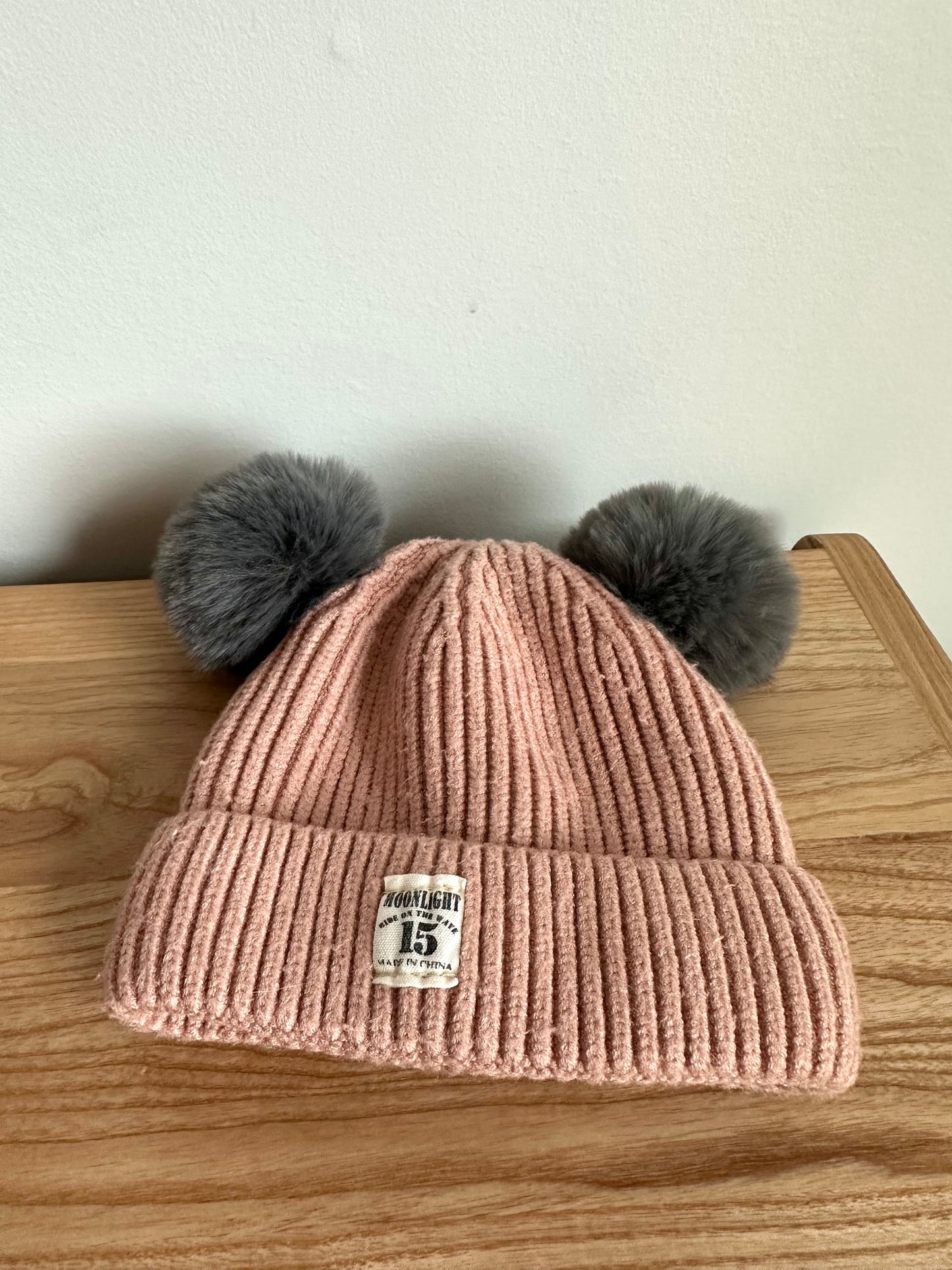 Pink Knit Toque with Grey Pom Poms / 6-12m