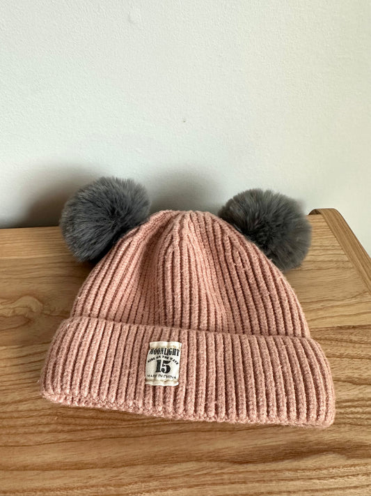 Pink Knit Toque with Grey Pom Poms / 6-12m