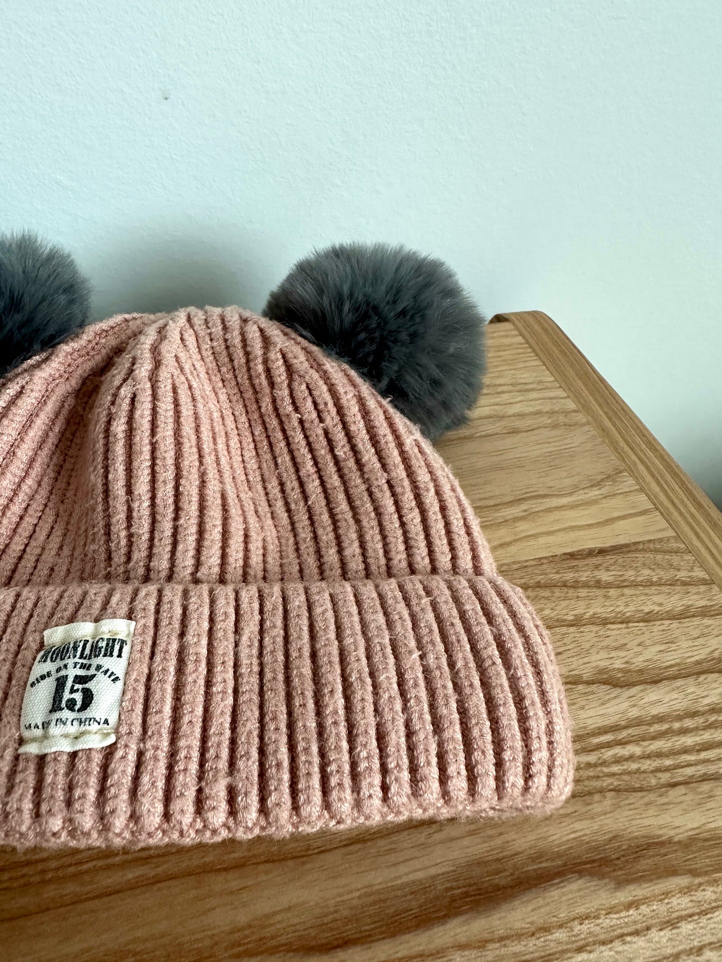 Pink Knit Toque with Grey Pom Poms / 6-12m
