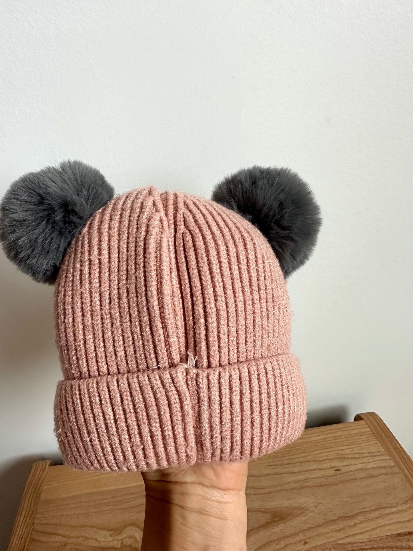 Pink Knit Toque with Grey Pom Poms / 6-12m