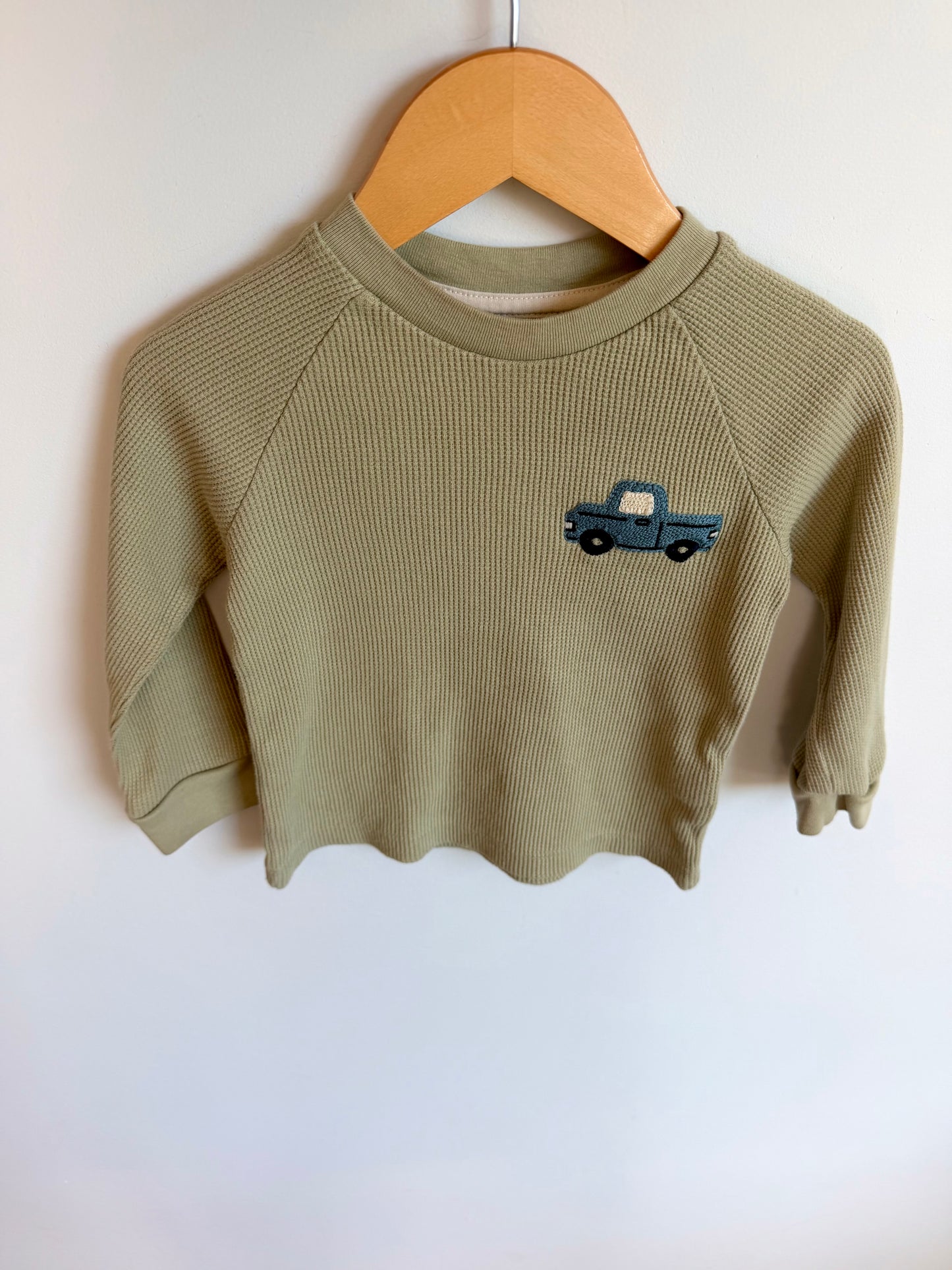 Sage Waffle Knit Blue Truck Long Sleeve / 2T