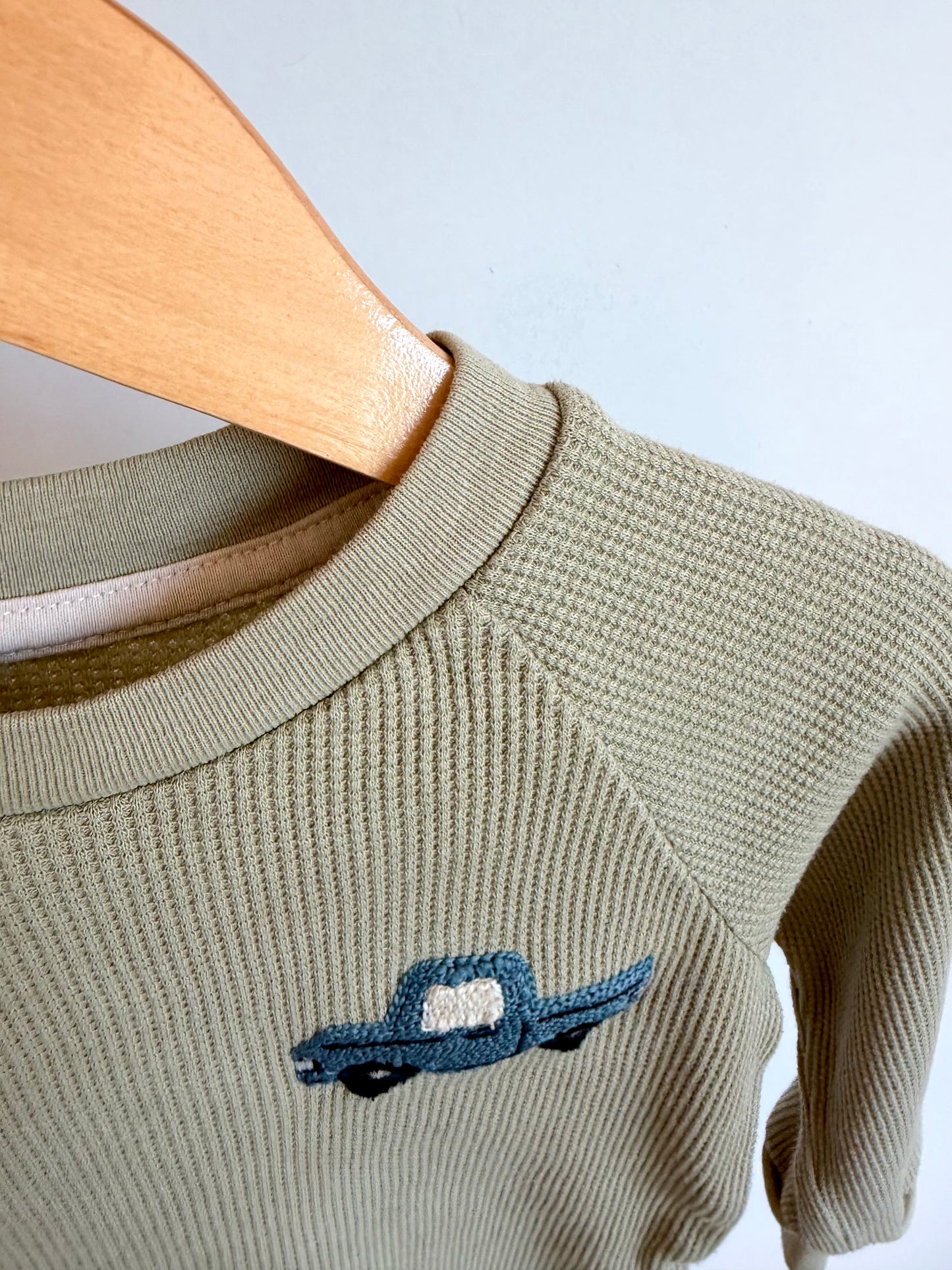 Sage Waffle Knit Blue Truck Long Sleeve / 2T
