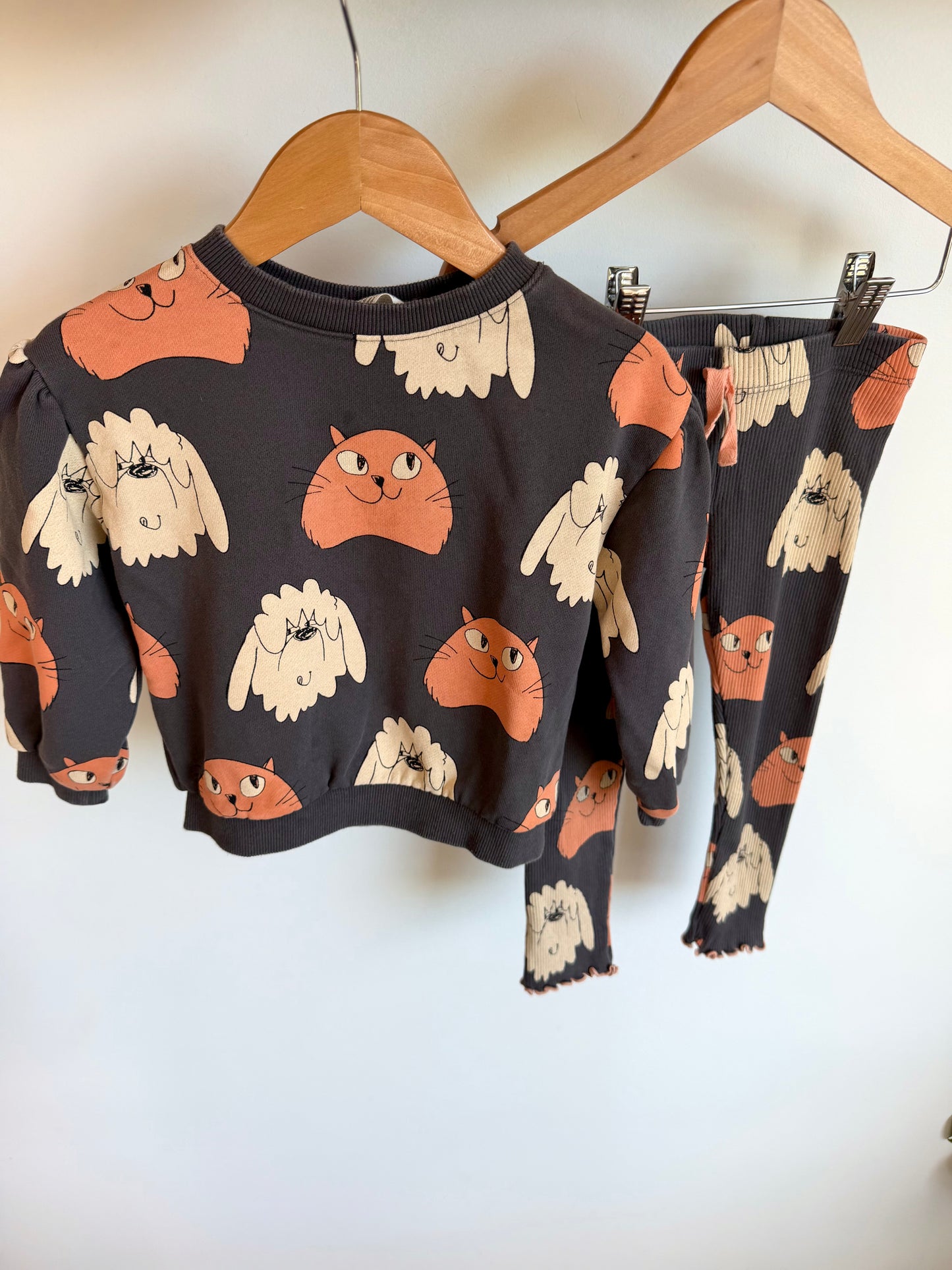 H&M Cat + Dog Face Crew + Ribbed Leggings Set / 2-3T