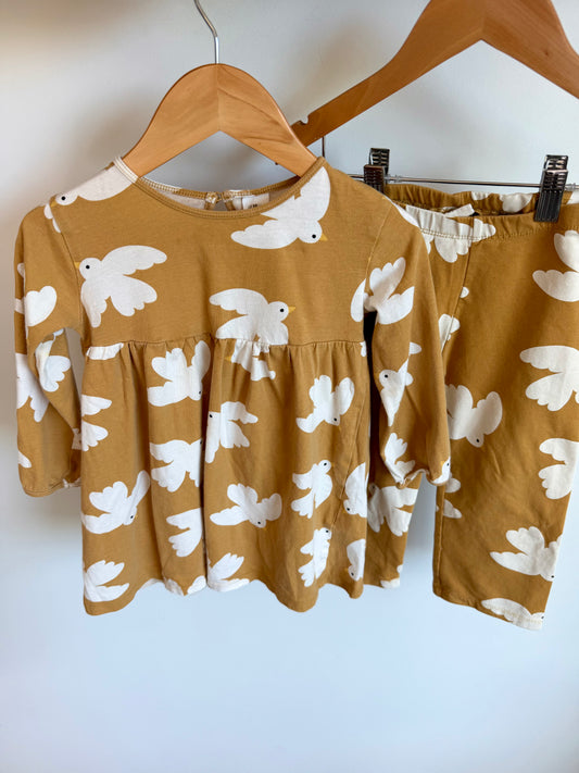 H&M Tan + White Bird Long Sleeve + Wide Leg Pants Set / 18m-2T