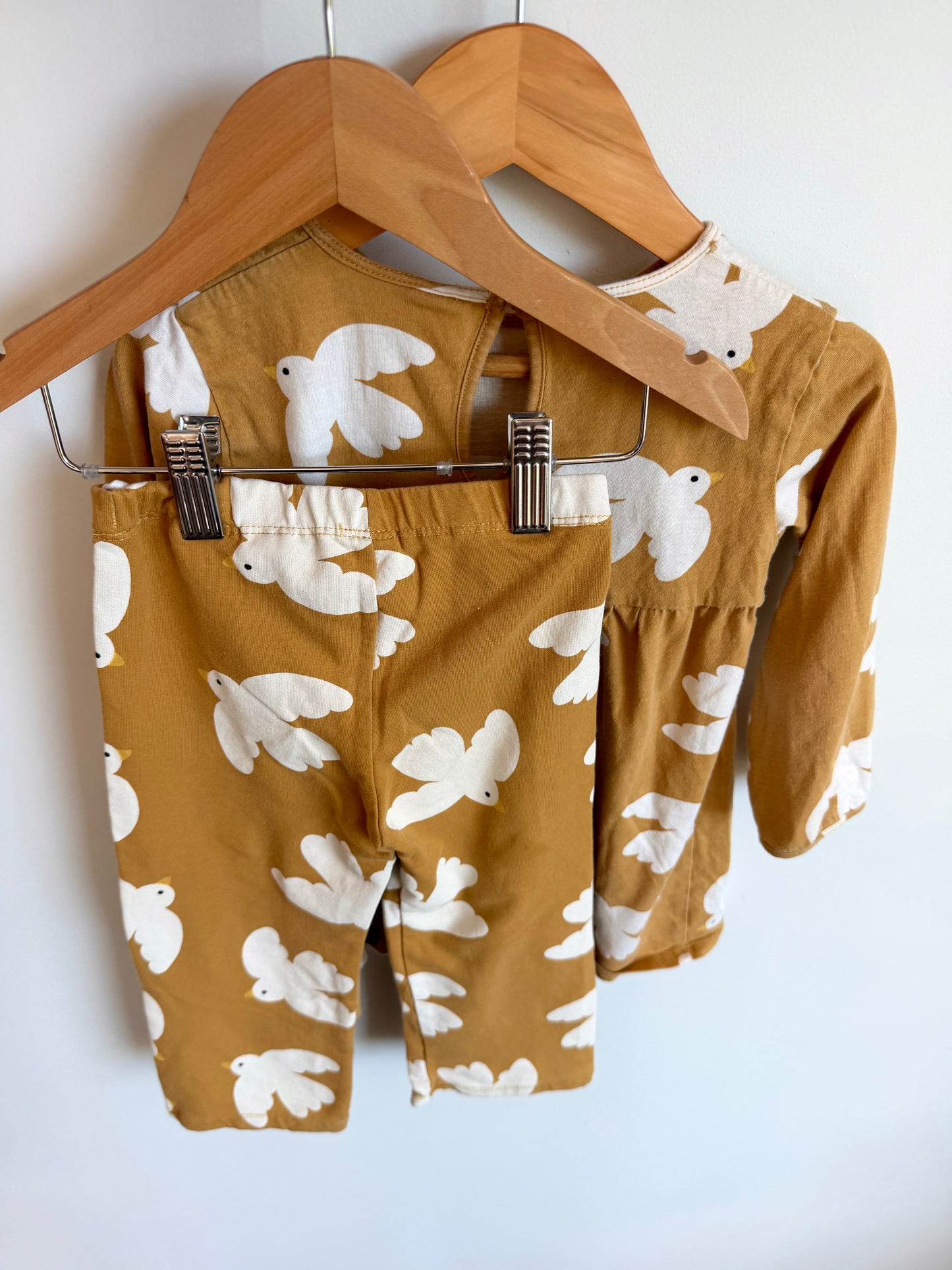 H&M Tan + White Bird Long Sleeve + Wide Leg Pants Set / 18m-2T