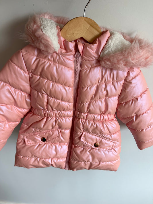 Pink Puffy Hood Jacket / 12-18m