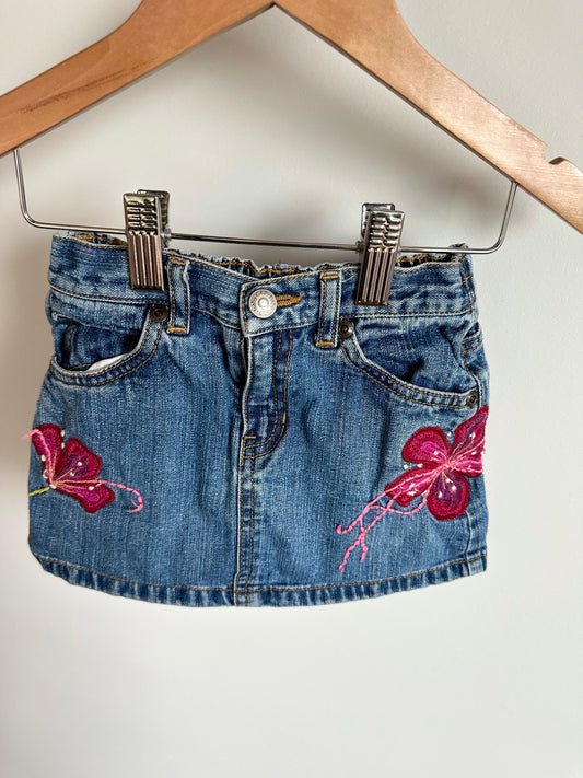 Jean Skirt with Embroidered Flowers / 12-18m