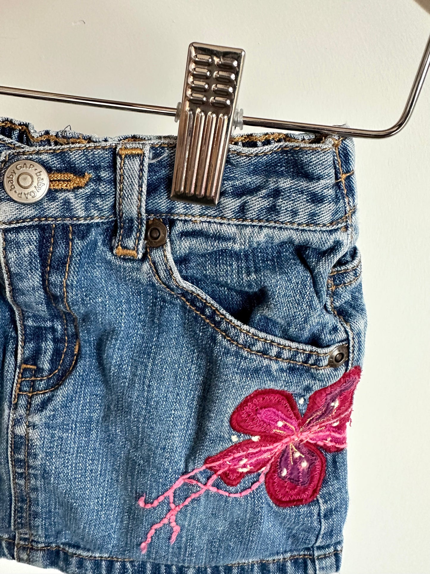 Jean Skirt with Embroidered Flowers / 12-18m