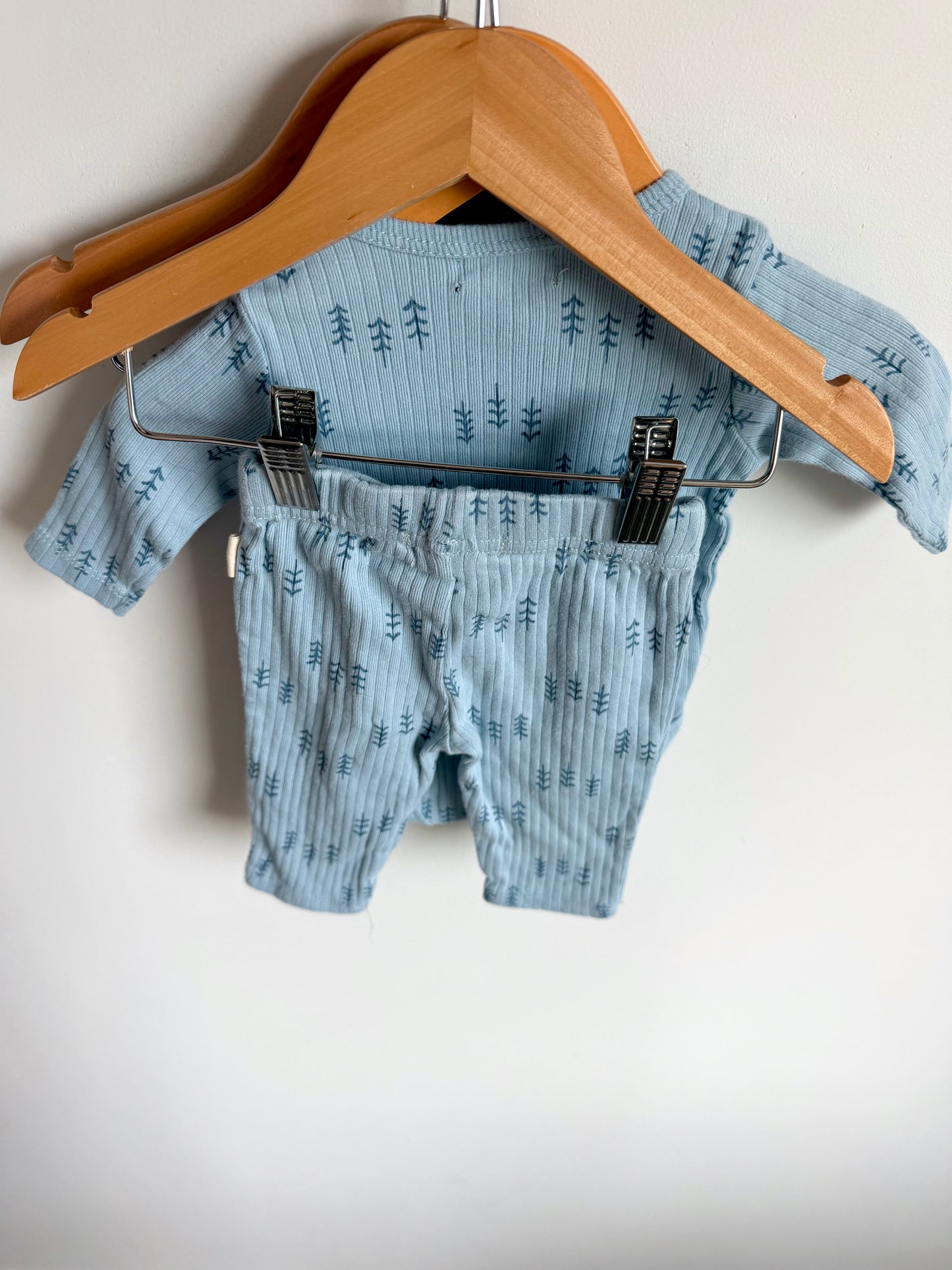 Organic Cotton Blue Trees Bodysuit, Pants + Hat Set / 0-3m