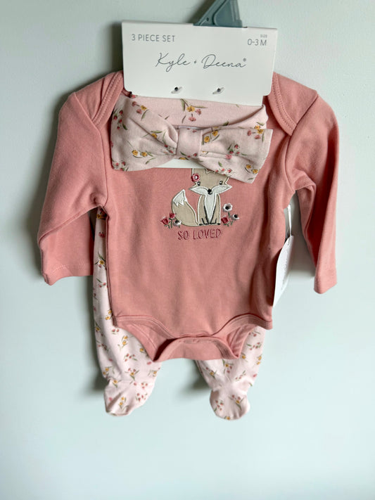 3 Piece So Loved Fox Bodysuit, Pants and Headband Set (With Tags) / 0-3m